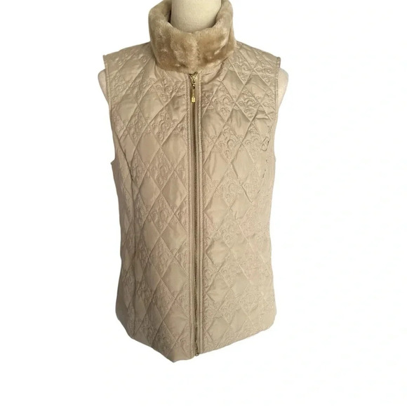 Ellen Tracy Quilted Embroidered Beige Sleeveless Vest Neutral Jacket Women Sz M - Picture 1 of 8